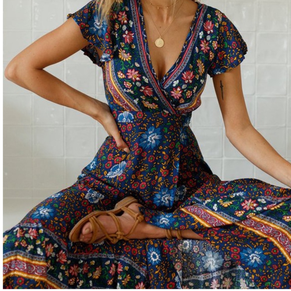 Boho Floral Print Belted Short Sleeve Midi Wrap Dress